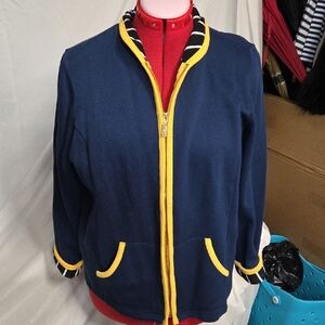 Bob Mackie Blue Jacket with Black/White Stripes. Zip Up With Pockets LARGE